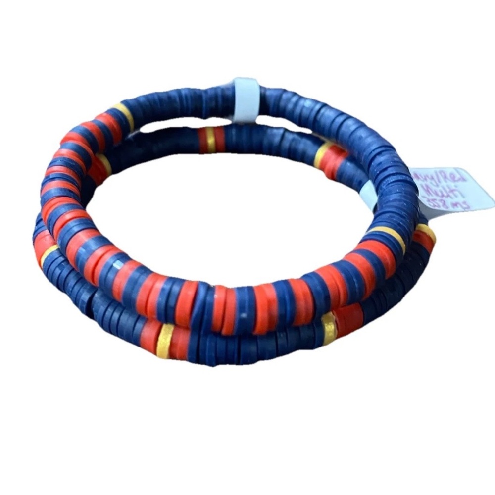 Handmade Navy & Red Striped Heishi Bracelet Set
